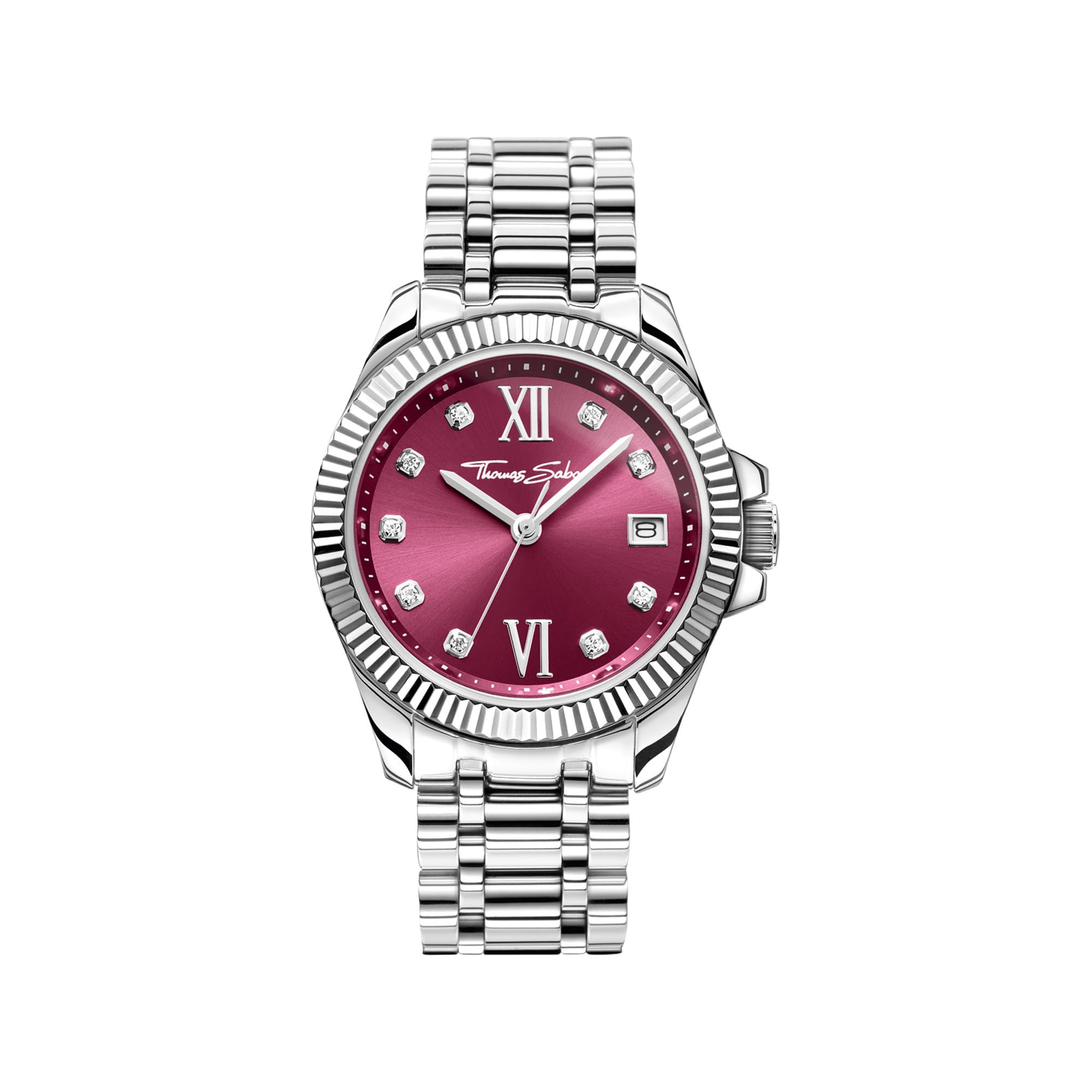 THOMAS SABO Damenuhr Divine Burgundy mit weinrotem Zifferblatt und weißen Steinen Silber Edelstahl, Edelstahl Silberfarben