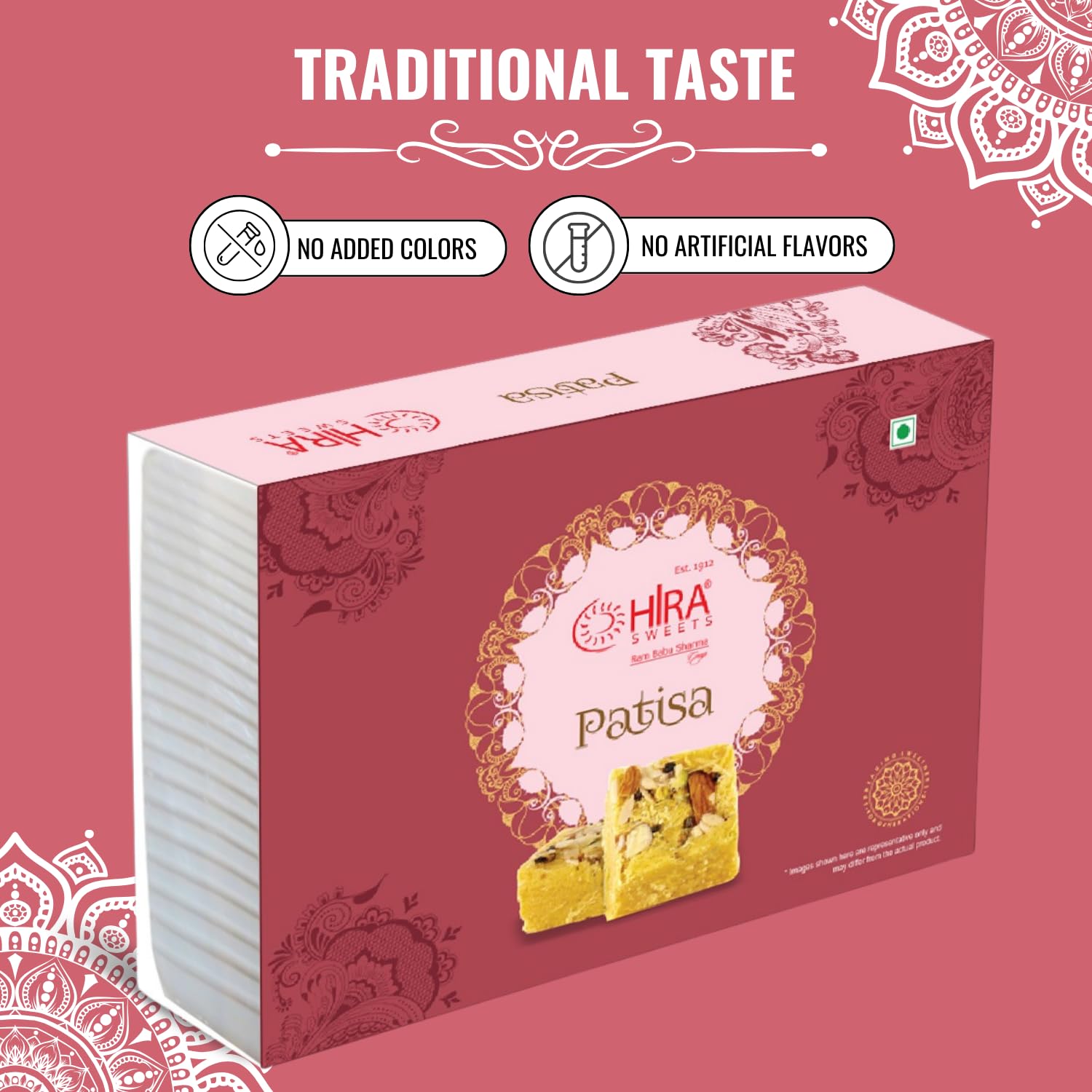 HIRA SWEETS Patisa 500g | Soan Papdi | Indian Mithai | Instant Ready To Eat - Delicious Crispy & Flaky | Patisa Sweet Desi Ghee |Traditional Indian Desert | Preservatives Free | Sweet Gift Box 3