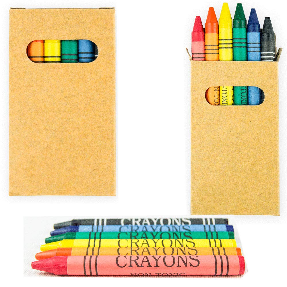 Lote de 100 cajas kraft con 6 ceras de colores cada cajita. Regalos para cumpleaños y eventos infantiles.