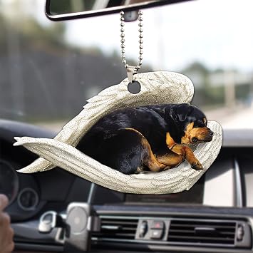 Talataca Rottweiler Metzgerhund Sleeping Angel Wing Dog Rottie Puppy 2D Flat Car Rear View Mirror Accessories Christmas Tree Ornament Decoration Hanging Charm Interior Rearview Pendant Decor Gift