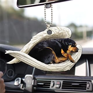 Talataca Rottweiler Metzgerhund Sleeping Angel Wing Dog Rottie Puppy 2D Flat Car Rear View Mirror Accessories Christmas Tree Ornament Decoration Hanging Charm Interior Rearview Pendant Decor Gift