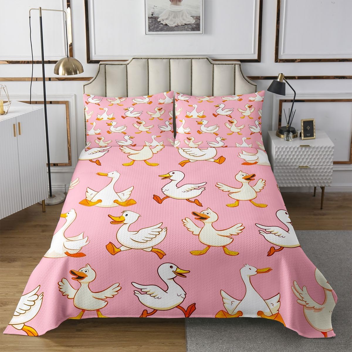 Homewish Funny Duck Goose Quilt Sets Twin Size,Farmhouse Poultry Animal Bedspread Coverlet 2Pcs for Kids Girls Boys Room Decor,Cartoon Goose Quilts Set Pink Vivid Bedding Comforter,1 Pillowcase