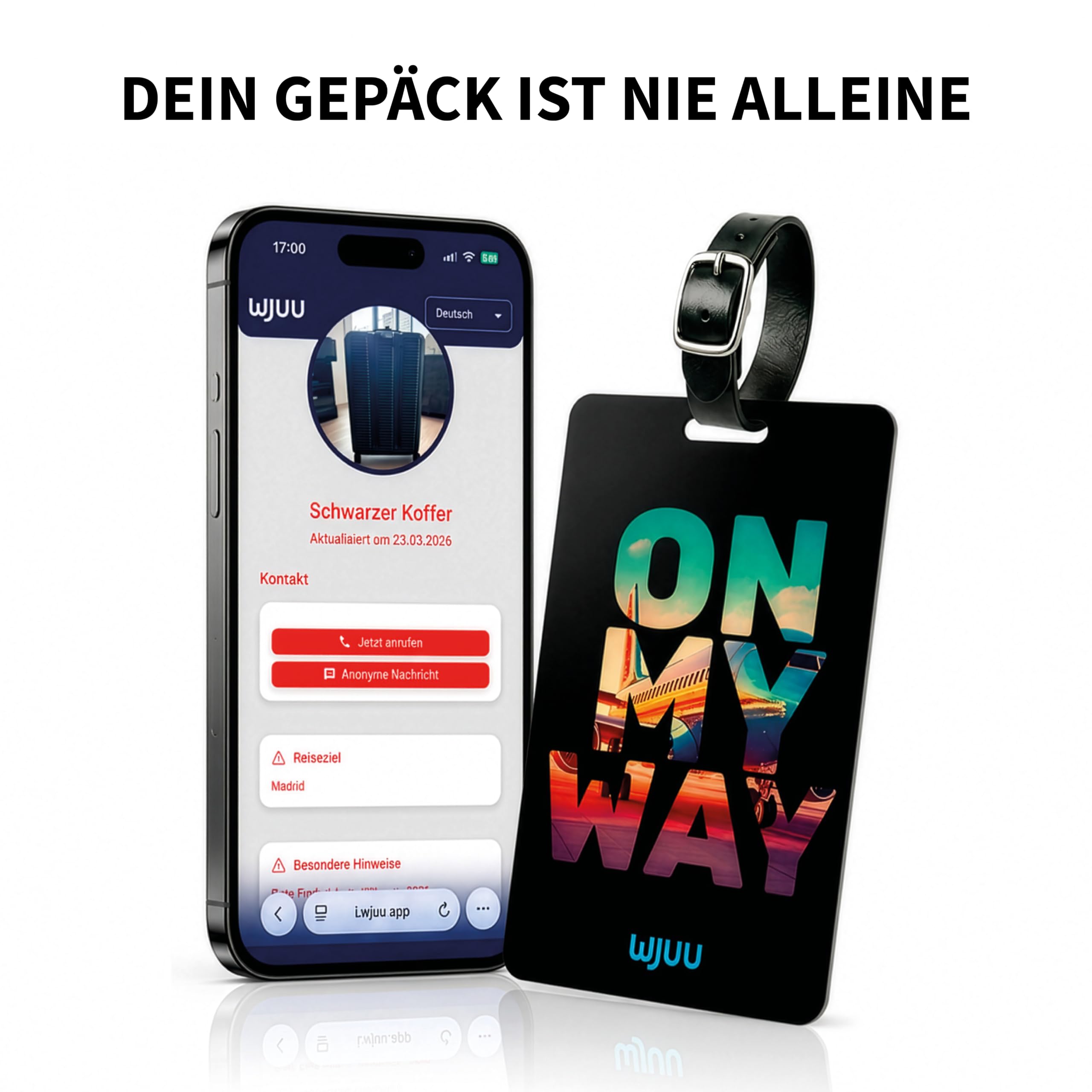 Lot de 3 étiquettes de bagage intelligentes « On my way » - Profil numérique avec application - Contact de recherche par message et téléphone