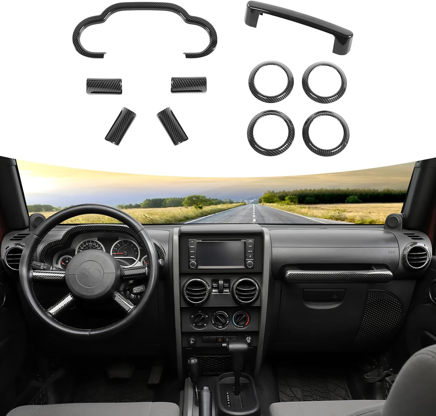 10PCS Full Set Interior Trim Kit Compatible with 2007-2010 Jeep Wrangler JK JKU,Co-Pilot Grab Handle Dashboard Frame Bezel Side Outlet Cover Trim (Carbon Fiber)