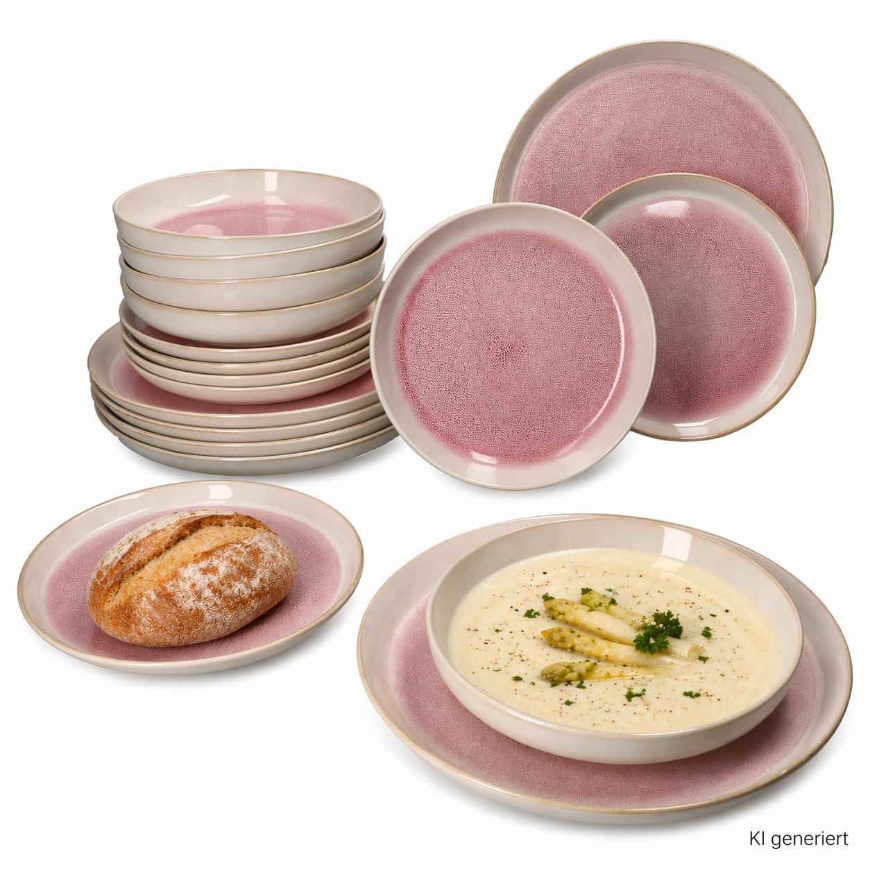 MamboCat 18tlg Tellerset Reactive Glaze Paris I Creme & Pink I Steingut-Geschirr für 6 Personen I je 6X Speiseteller, Suppenteller 400 ml & Kuchenteller