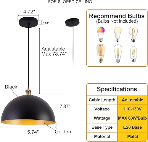 Miniatura 2 de Lámpara colgante moderna de 15.74 pulgadas, lámpara colgante de cúpula negra y dorada, adecuada para candelabros industriales en isla de cocina,