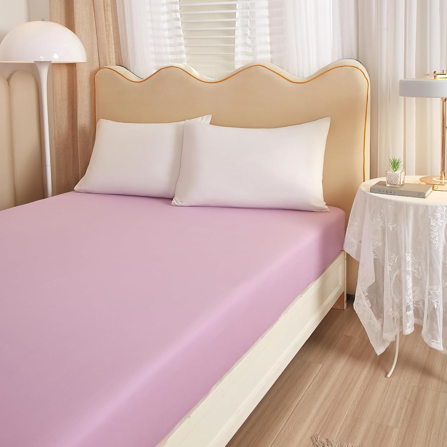 EAVD Queen Fitted Sheets Only 1 Piece Purple Lavender Fitted Sheet with 15" Deep Pocket Soft Breathable 100% Cotton Bed Sheet for Mattress Protection Durable All-Around Elastic(Queen, Purple)