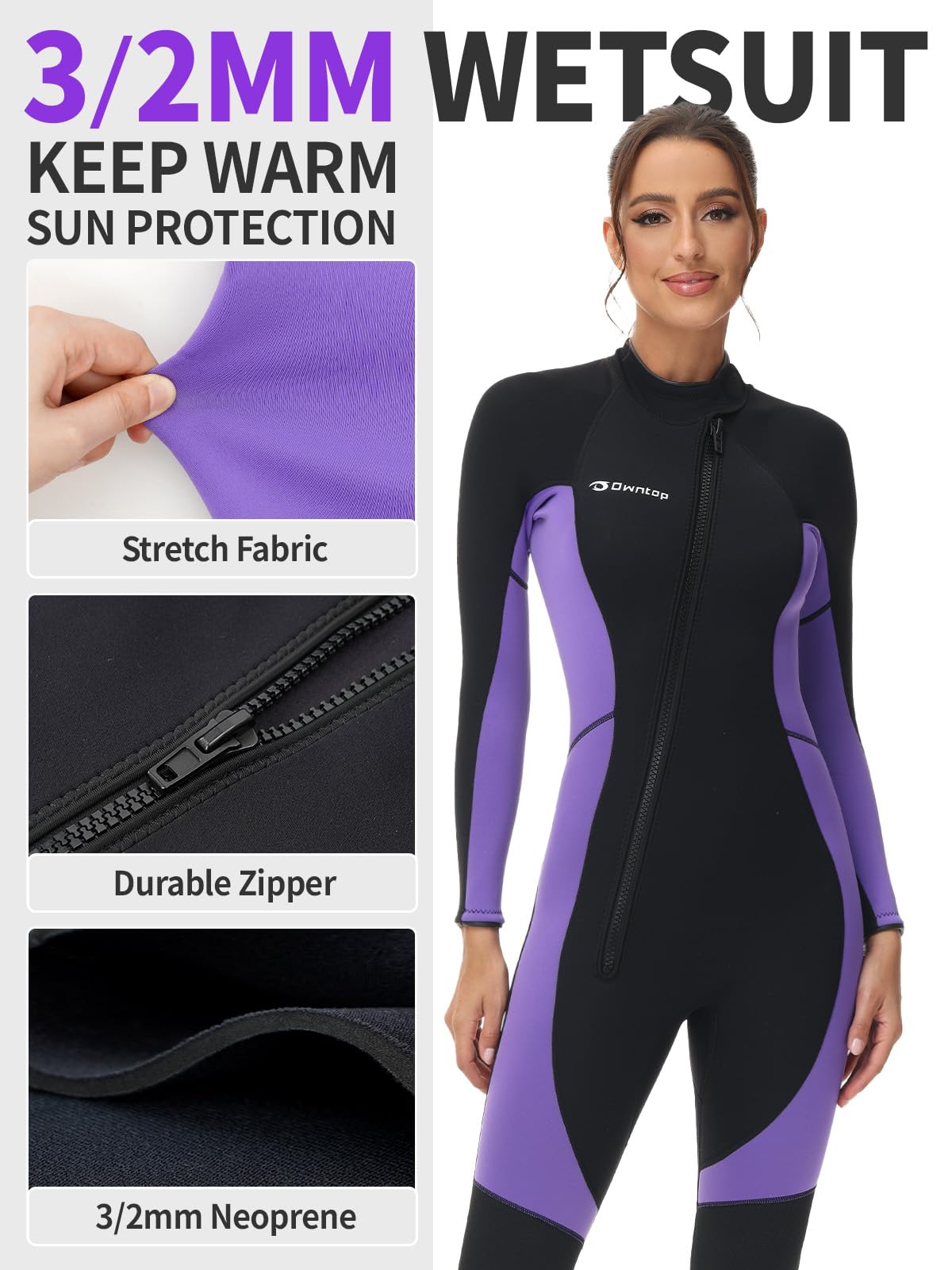 Owntop Mujeres Traje de Neopreno 3/2mm - Trajes de Buceo con Cremallera Delantera, Stretch Pro Wetsuit Térmico de Longitud Completa para Surf Snorkel, Mujer Morado M