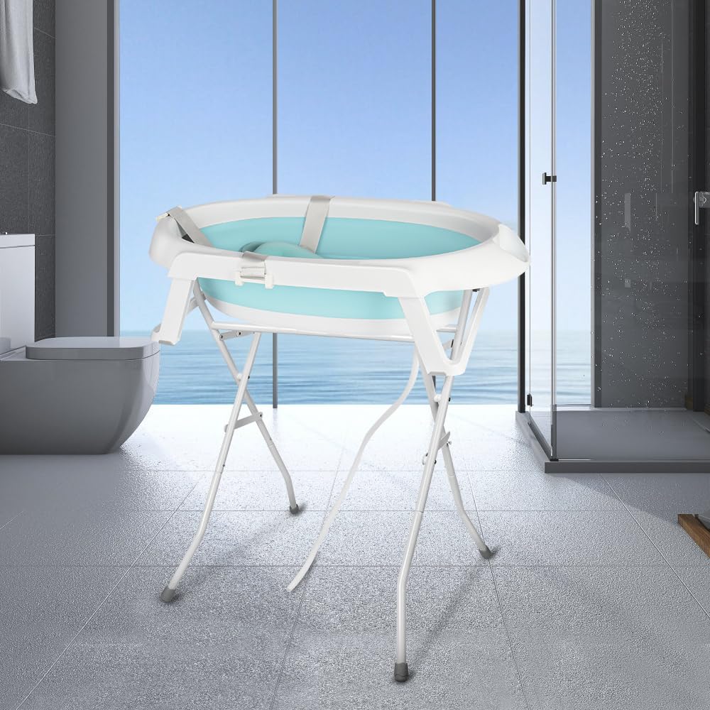 Bañera para bebé con soporte de 84,5 cm, bañera de bebe sobre pie, segura y cómoda, cuenca plegable para bebe con termómetro y cojín de baño, 63 x 60 x 84,5 cm, verde