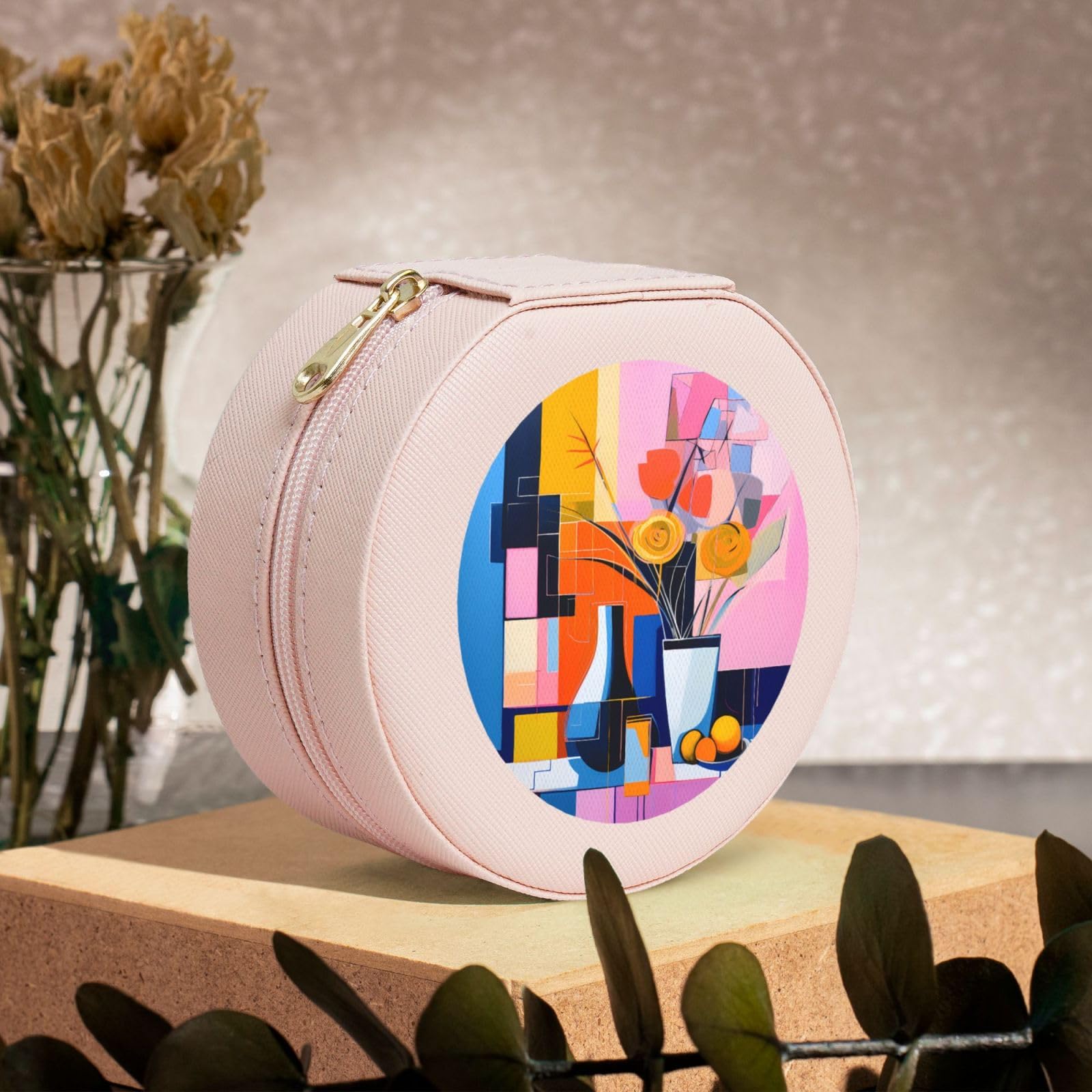 Matisse-Stil, abstrakte Gemälde, Schmuckschatulle, Reise-Schmuck-Organizer, Aufbewahrung für Damen, Halsketten, Ohrringe, Ringe, Accessoires, Aufbewahrung (rosa, rund) Fashion