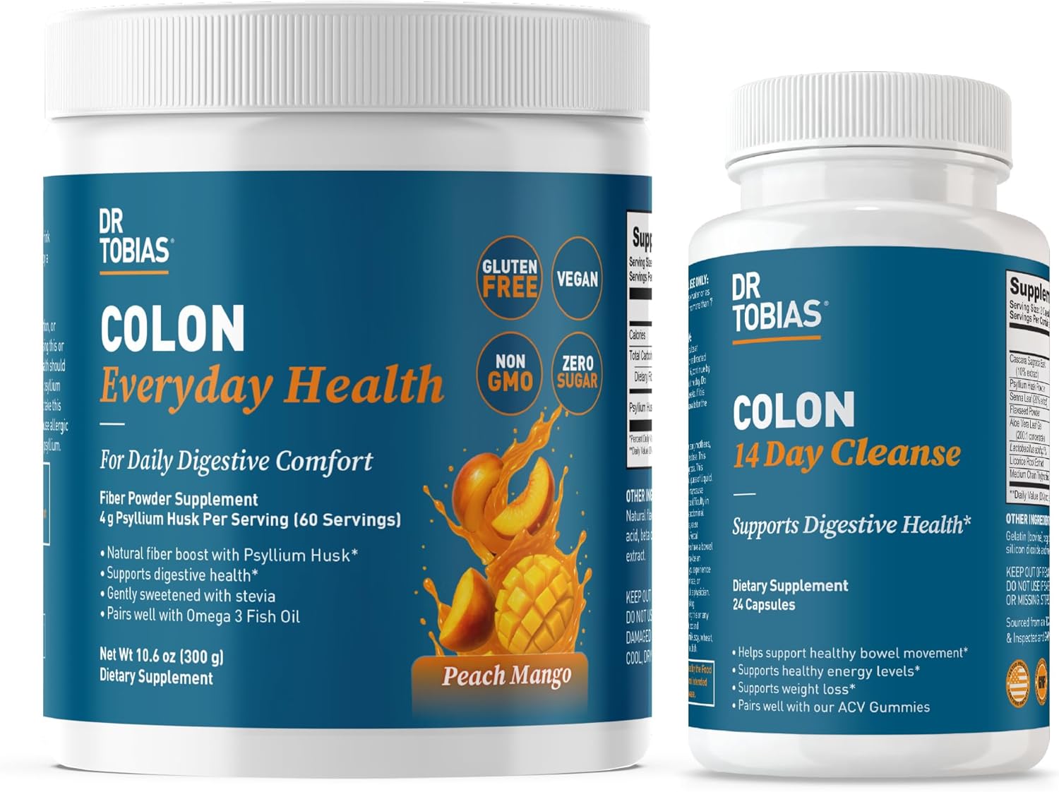 Dr. Tobias Colon Everyday Health & Colon 14 Day Cleanse – Psyllium Fiber Powder Drink with 4g Psyllium Husk per Serving & Herbal Cleanse Capsules – Supports Gut Health, Regularity & Digestive Detox
