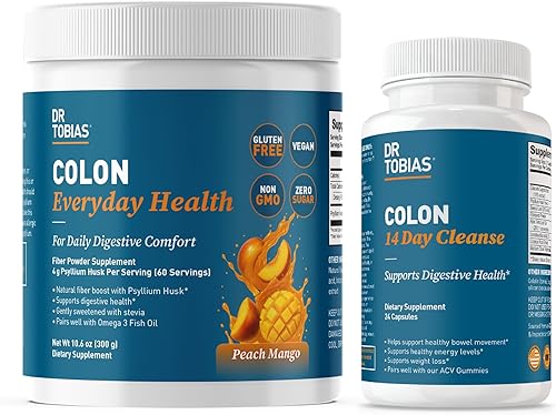 Dr. Tobias Colon Everyday Health & Colon 14 Day Cleanse - Bebida en polvo de fibra de psyllium con 0.14 oz de cáscara de psyllium por porción y