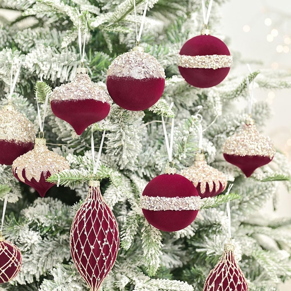 Lot de 10 boules de Noël en forme de boule de Noël - Bordeaux - Vert foncé - 8 cm