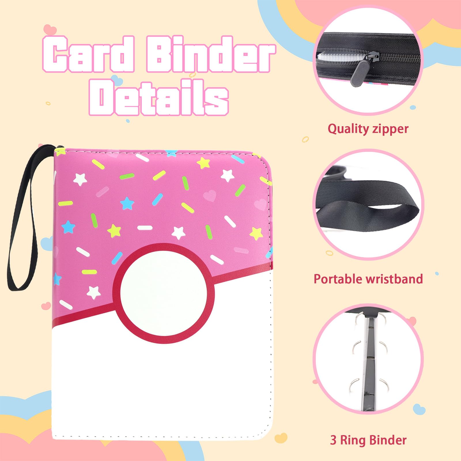 Card Binder Donuts Card Holder Album Trading Cards Holder Zipper Binder for Collection (Pink Donut, 400 Pocket)