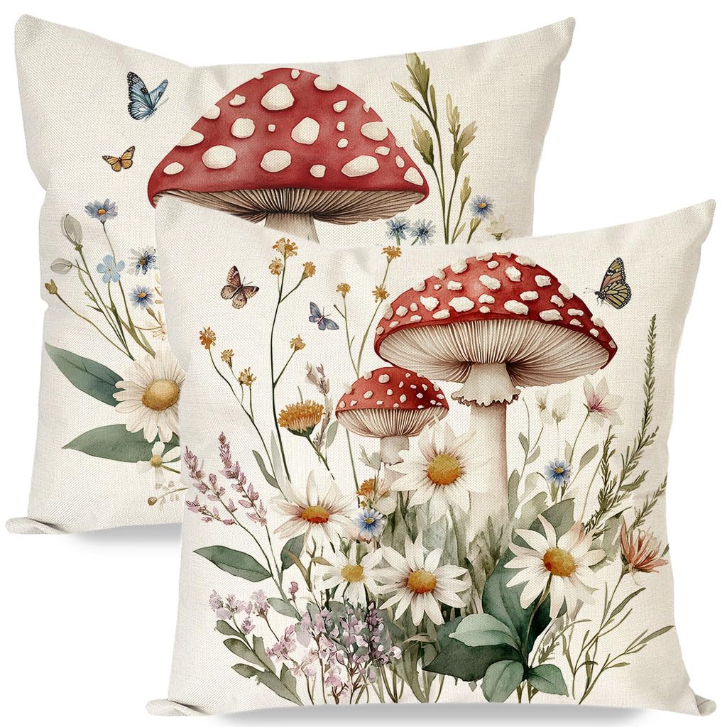 HERHOME Cottagecore Mushroom Decorative Throw Pillow Covers 18x18 Inch Set of 2 Daisy Flower Butterfly Outdoor Rustic Farmhouse Spring Fall Decor