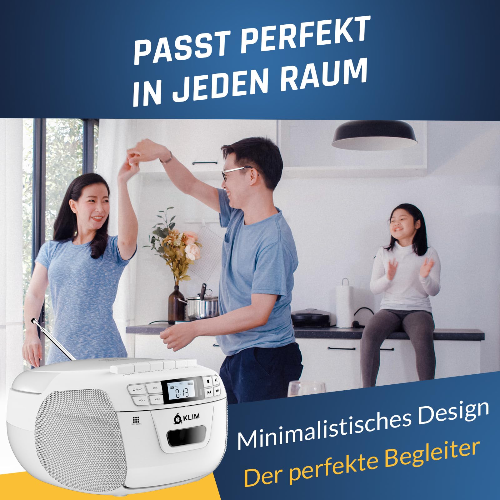 KLIM CD Player mit Kassette, Kassettenspieler, Kassettenrekorder, Radio mit CD und Kassette, CD Player mit Radio & USB, Bluetooth CD-Player, AM/FM Radio, Netz- und Batteriebetrieb - Weiß