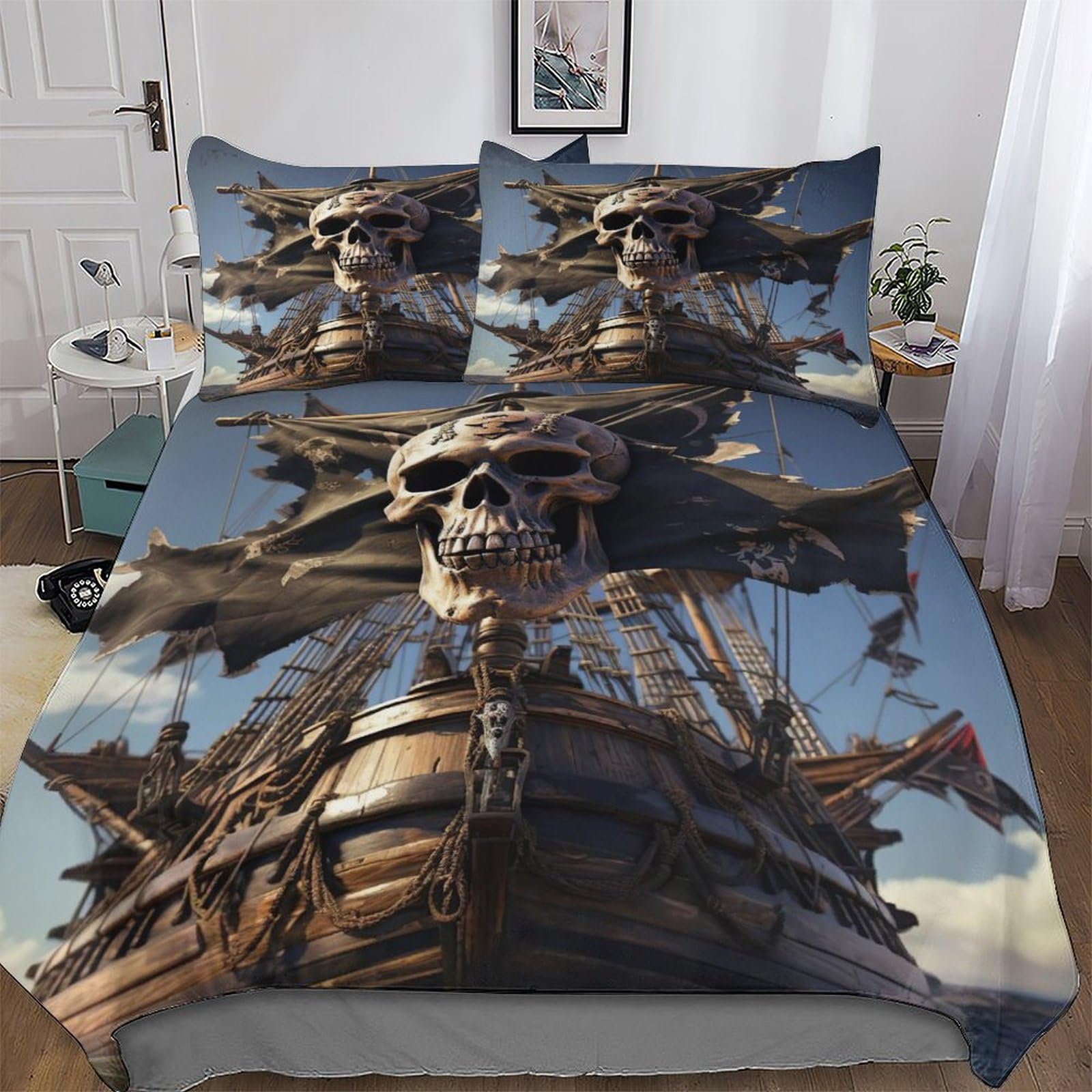 Housse de couette pirate 200x200cm avec 2 taies d'oreiller en microfibre douce pour lit double