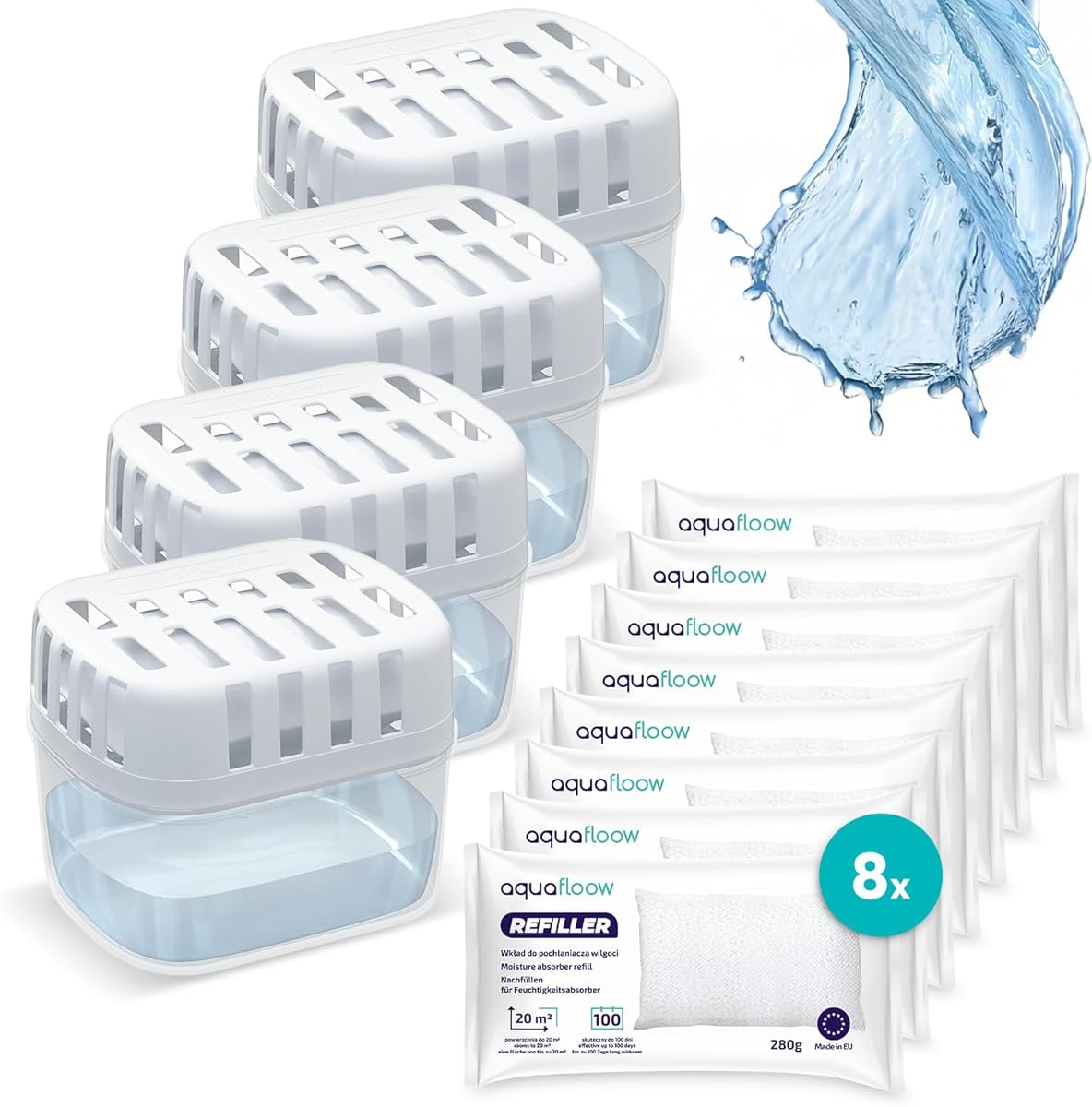 Aquafloow 4x Déshumidificateurs + 8x Granulés dans un sachet de recharge de 280 g, Sachets de recharge pour déshumidificateur, Packs de recharge | Empêche la moisissure, odeurs désagréables