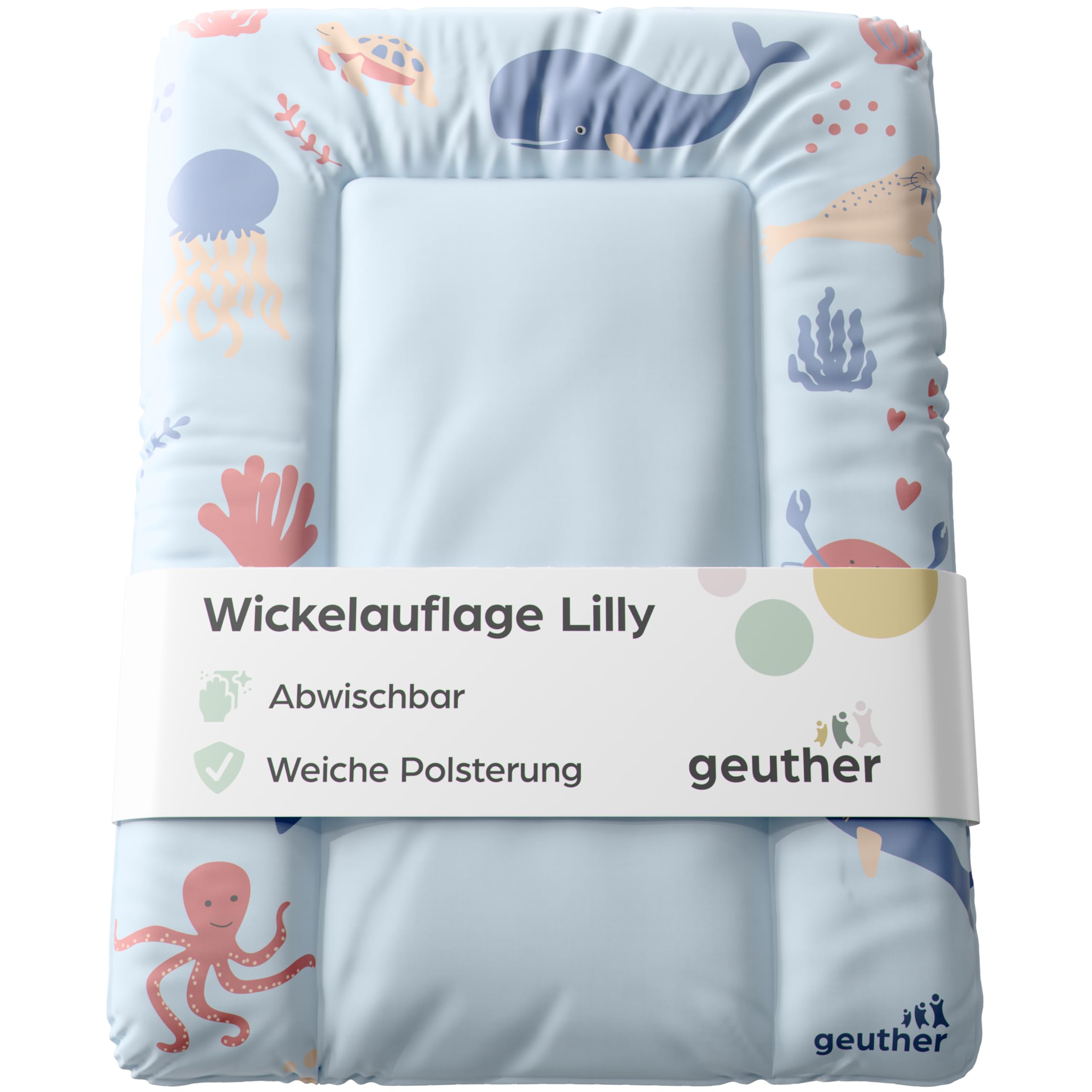 Geuther Wickelauflage abwaschbar 52 x 72 cm | Wickelunterlage Lilly für Wickelregal Clarissa & andere | Erhöhter Rand & Kopfschutz für hohe Sicherheit | Wickeltischauflage | Design Ocean