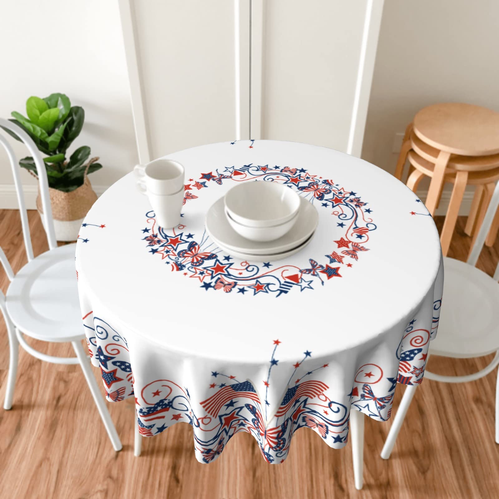 Giwawa USA Flag Tablecloth Round American Stars Butterflies Circle Table Cloth 60 Inch 4th of July Memorial Day Patriotic Heat Resistant Reusable Table Cover for Holiday Kitchen Dinning Party Decor