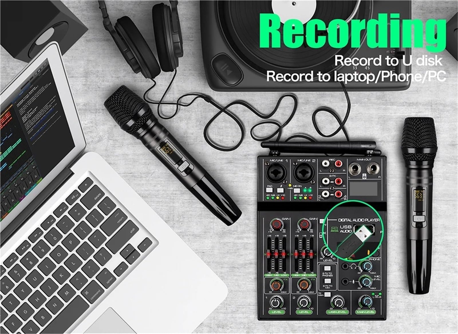 Kontrolery DJ-skie, 4-kanałowy mikser, mikser USB, konsola Bluetooth z bezprzewodowym mikrofonem, mikser DJ-ski do urządzenia imprezowego, soundbar
