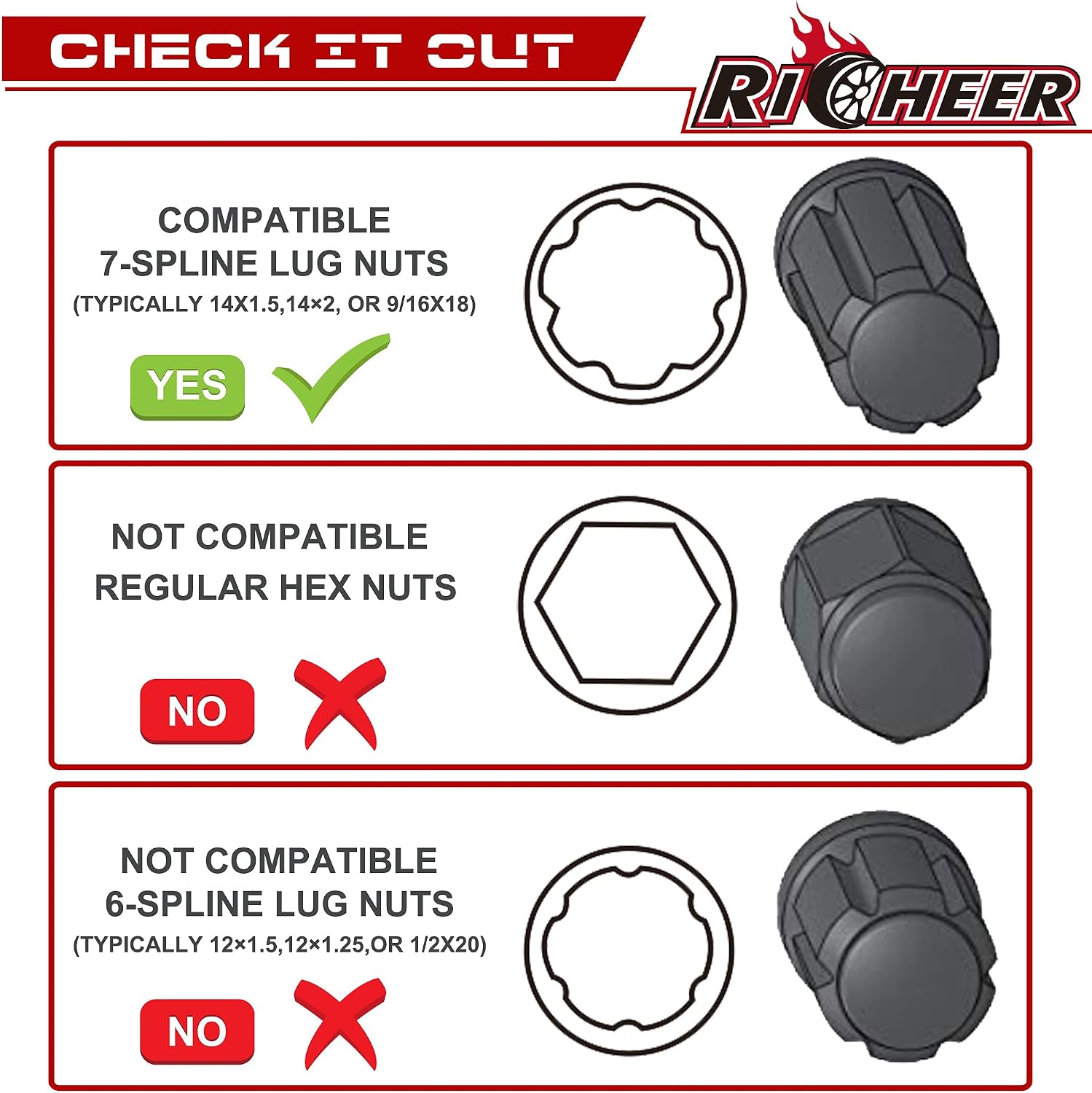 Richeer 7 Point Spline Drive Tuner Socket Key Tool for 13/16"(21mm) and 7/8"(22mm) Hex Wrench, Aftermarket 14x1.5 9/16-18 14x2 Wheel Lock 7 Spline Lug Nuts 22mm Diameter 1 PCS a Pack