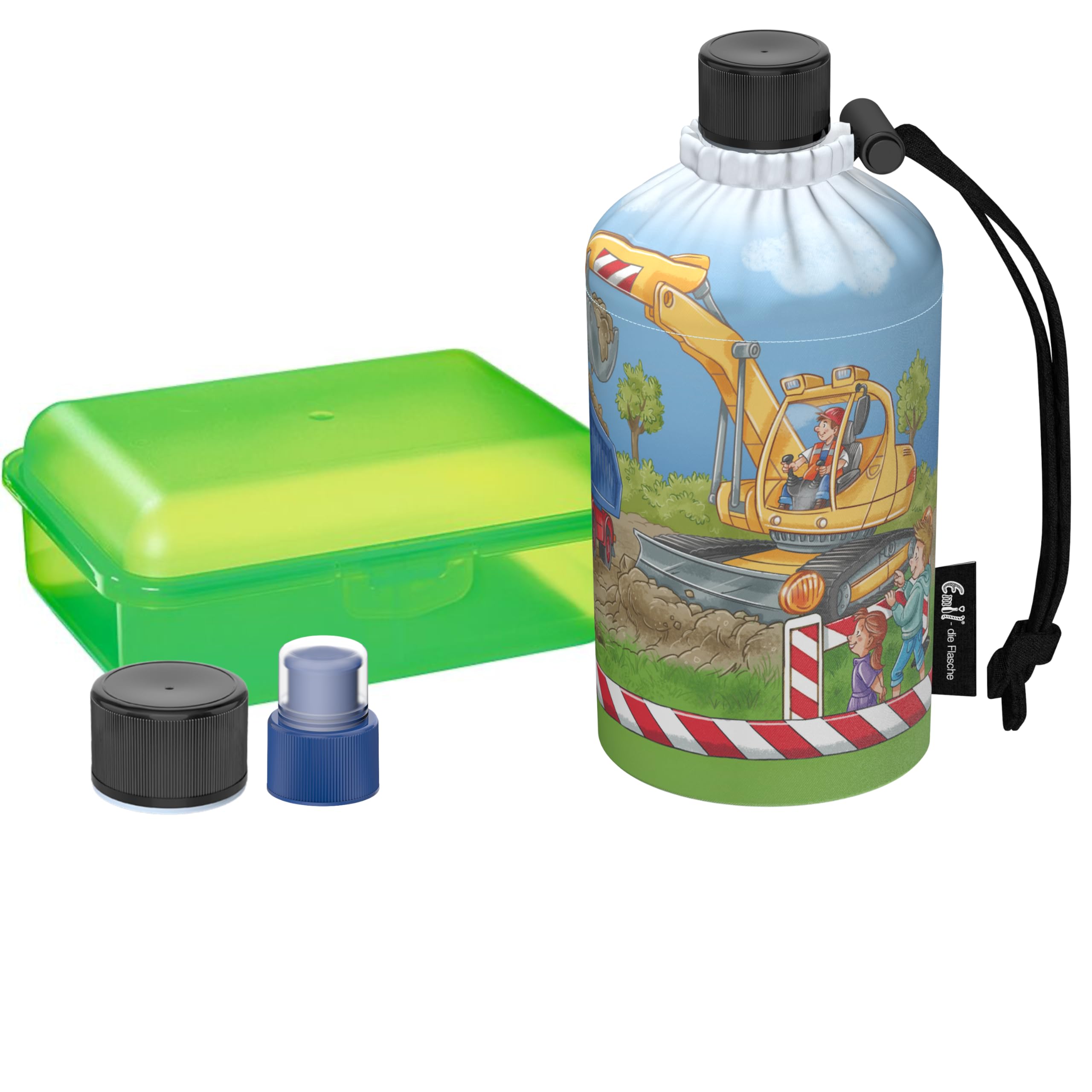Emil Glas Trinkflasche Starterset 0,3l Bagger – mit Brotbox & 3 Verschlüsse, isolierte Kinderflasche für Kita, Kindergarten & Schulstart, schadstofffrei