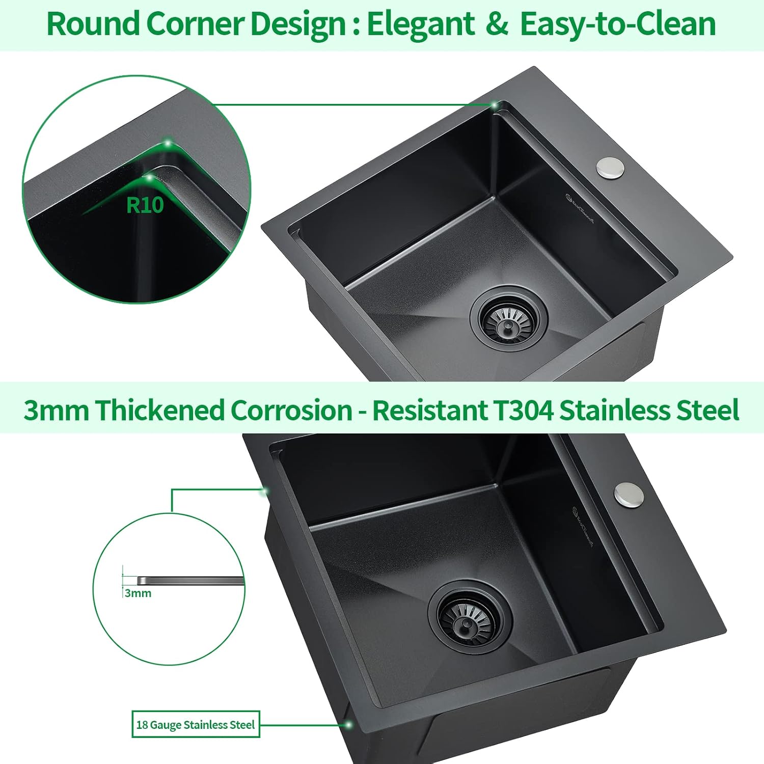 Close-up of EcoChannels sink showing R10 rounded corners and 3mm thickened stainless steel