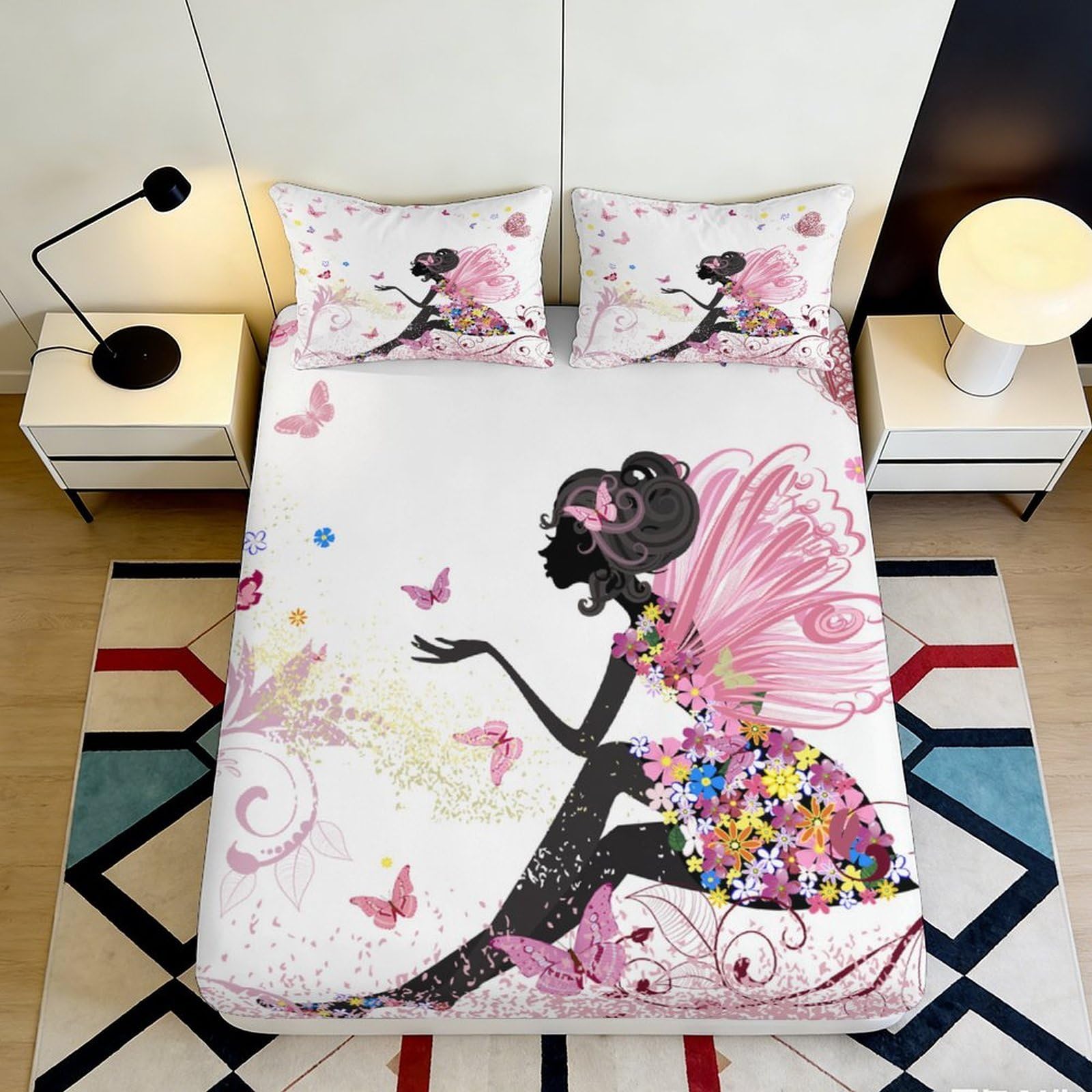 3D Printed Fairy Silhouette Fitted Sheet Microfiber Pink Butterfly Flowers Mattress Cover Bedroom Home Decor 90x200x25cm