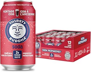 Thirsty Buddha Soda – Prebiotic Soft Drink – Pop Soda - Vegan - Non-GMO - Low Sugar Soda - Low Sugar Drinks - Fibre Rich Diet Soda - High Fibre Diet Pop - Caffeine Free Soda - Vintage Cola 355ml Can - 12 Count Case
