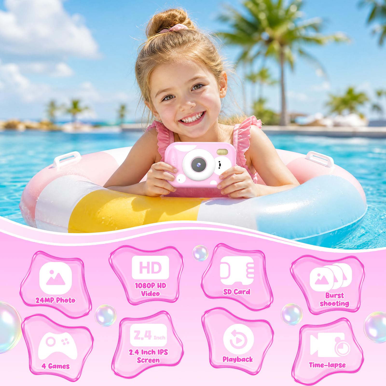 Fotocamera per Bambini, 48MP 1080P Macchina Fotografica Subacquea Impermeabile Digitale Bambini con 2,4 Pollici Schermo Scheda TF Flash LED, Regalo Giocattolo per Bambina e Bambino 3-12 Anni, Rosa
