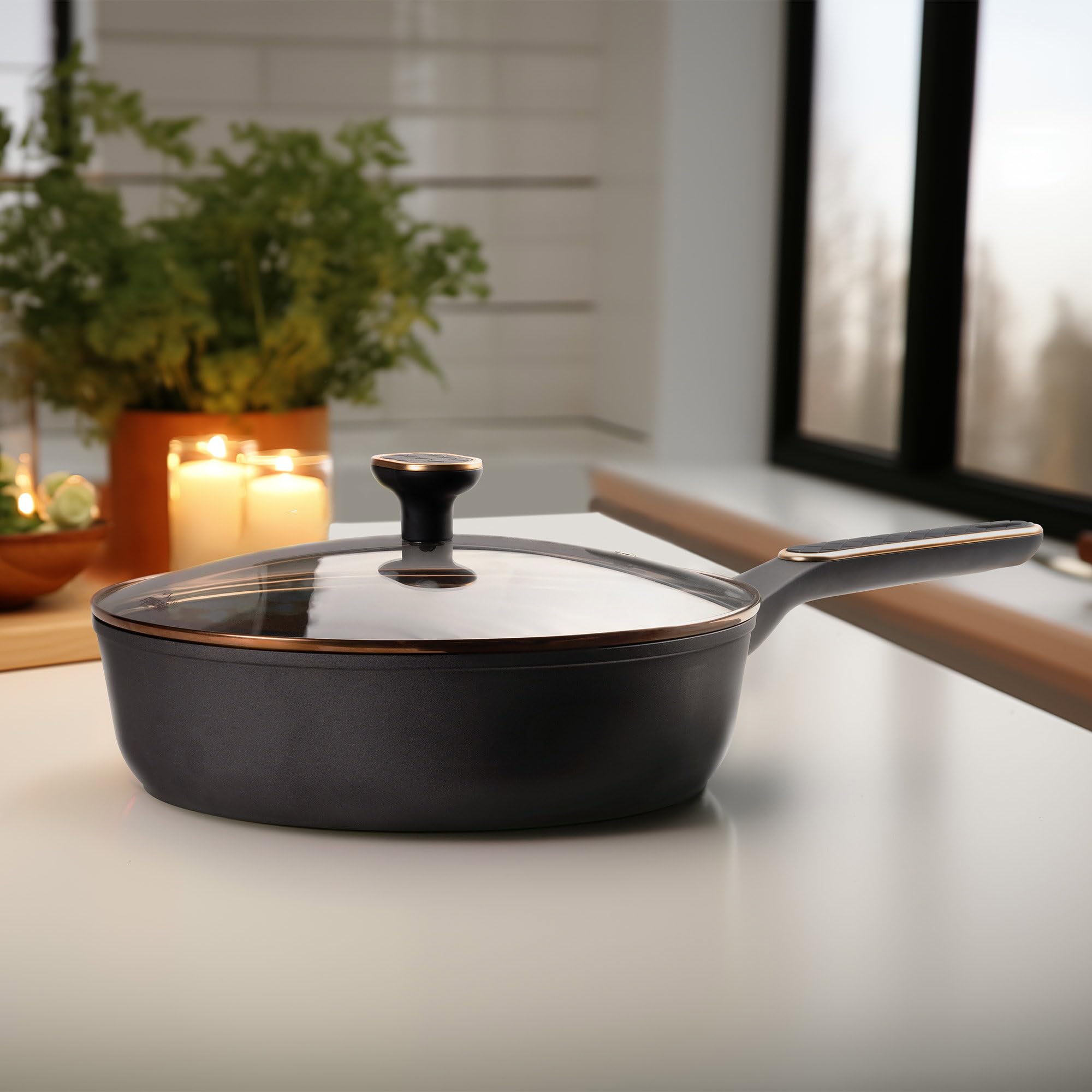 STONELINE Schmorpfanne 28 cm Antihaft Pfanne hoher Rand, Tiefe Pfanne mit Deckel Induktionspfanne Beschichtet mit echten Steinpartikeln, alle Herdarten Backofen, ohne Fett und Öl braten, Roségold