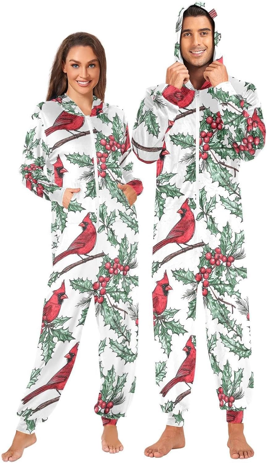 ZZKKO Christmas Cardinal Red Bird Holly Adult Onesie Pajamas for Women Men Cozy One Piece Pajamas Costume Zip-Up Hooded S-XL