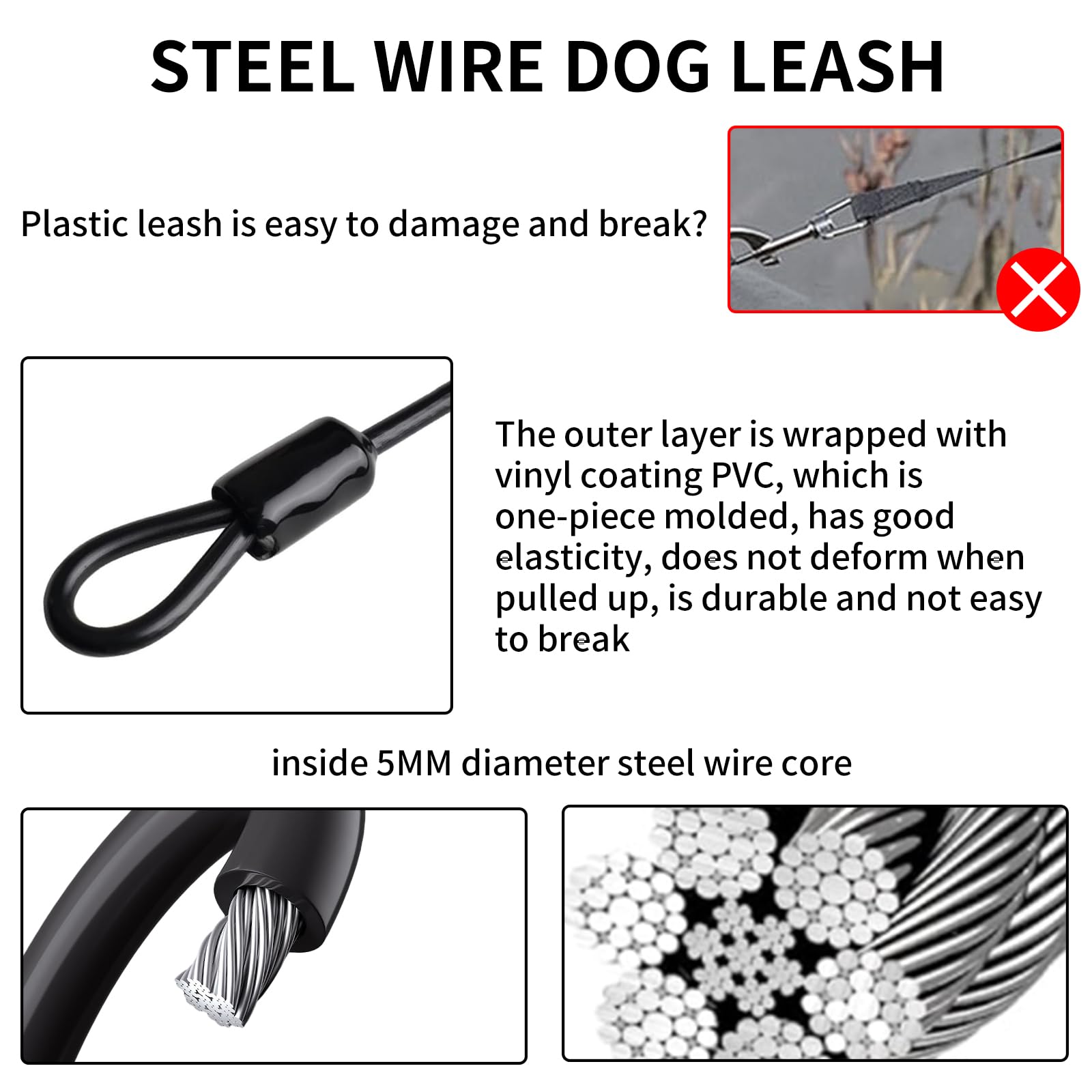 Chew Proof Dog Lead Leash,Steel Wire Heavy Duty 48 cm/19 inch Metal Cable Leashes Extension Rope,Chain Lead,for Small Medium Large Pet Dog - Image 3