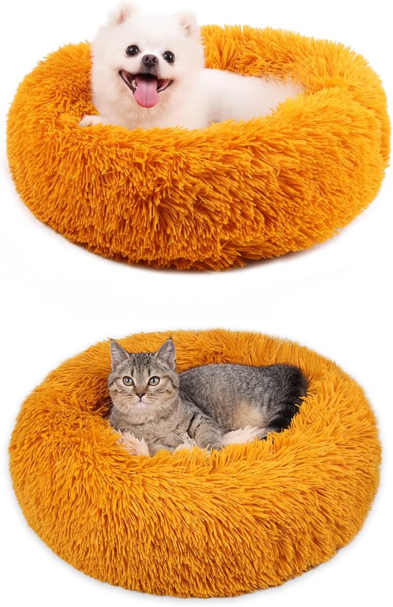 WQLXY Calming Dog Bed & Cat Bed, Anti-Anxiety Donut Dog Cuddler Bed, Warming Cozy Soft Dog Round Bed, Fluffy Faux Fur Plush Dog Cat Cushion Bed for Small Medium Dogs and Cats (24", Gold) 24" Gold