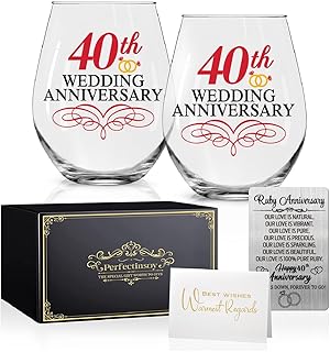 Perfectinsoy 40 Th Wedding Wine Glasses Set of 2 with Metallic Memorial Card, 40th Anniversary Birthday Gifts for Parents, Wife, Soulmate, Couple, Funny 40 Years Milestone Gift