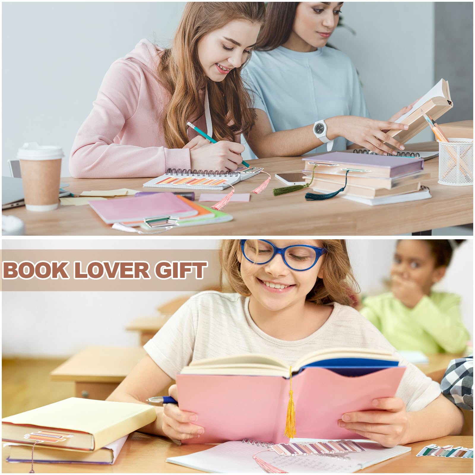 Fuyoooo 50 marcadores de libro de 6.3 x 2.2 pulgadas, marcadores de página con borla para amantes de los libros, marcadores de página de doble cara para mujeres, suministros para estudiantes