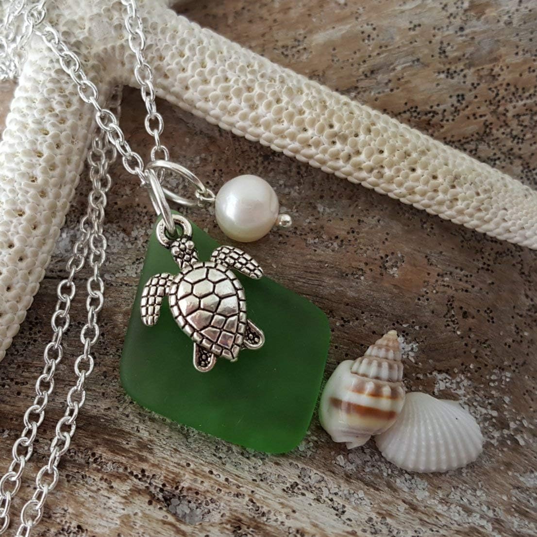 Handmade Emerald green sea glass necklace, May Birthstone, Turtle charm, Natural pearl, (Hawaii Gift Wrapped, Customizable Gift Message)