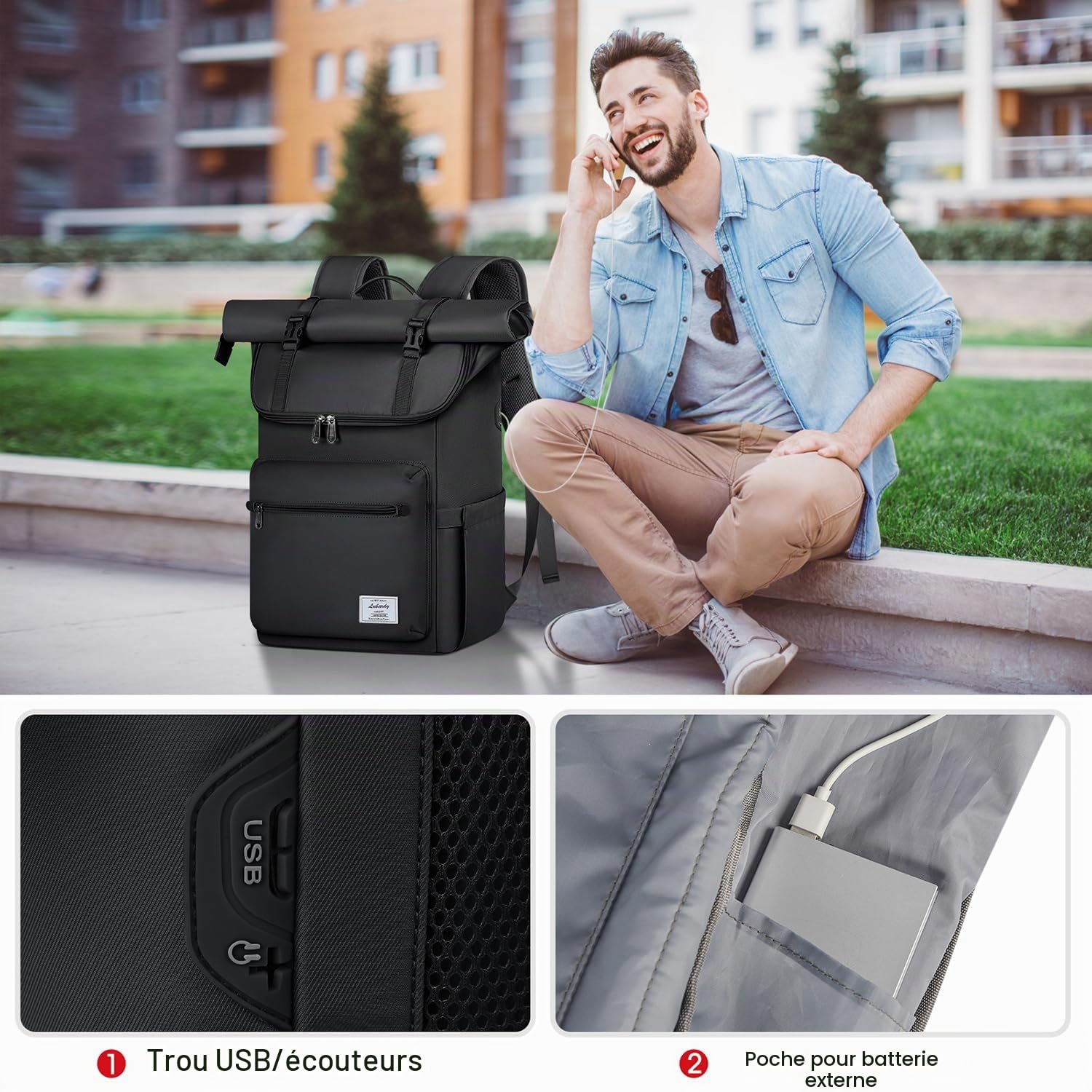 Lubardy Sac a Dos Homme Femme Résistant pour Ordinateur Portable 17 Pouces | Sac Roll-Top avec Trou USB pour École Travail Voyage Loisirs Randonnée