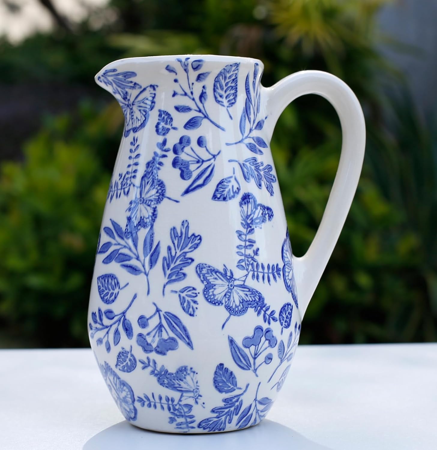 Decorative Ceramic Pitcher Vase, Green and White Floral Pattern, Large Flower Vase for Home Decor (Green and White, Medium)