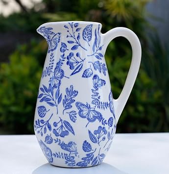 Decorative Ceramic Pitcher Vase, Blue and White Floral Pattern, Large Flower Vase for Home Decor Blue and White, Medium