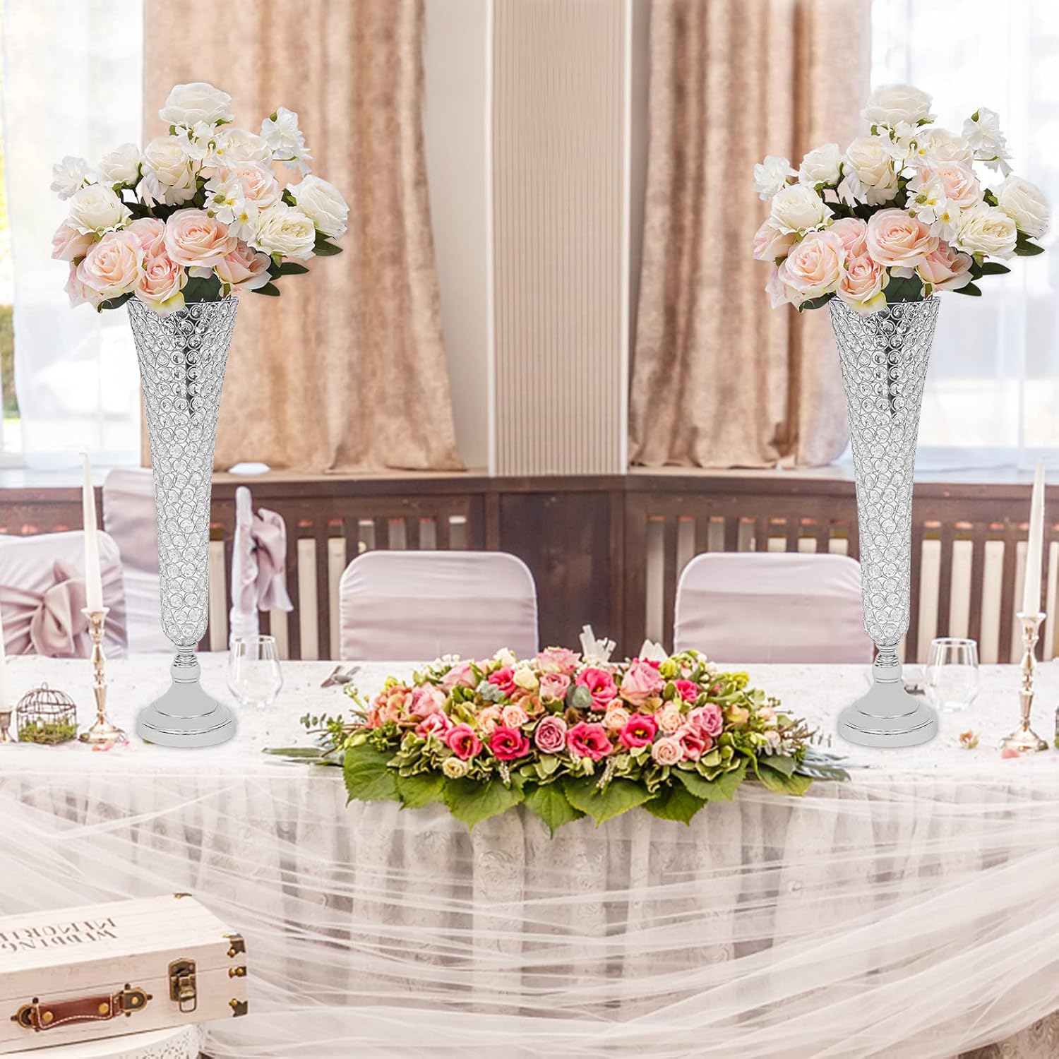 2 Pieces Crystal Trumpet Tall Vase, 20 inch Wedding Centerpiece Vase Iron Crystal Vase Table Decoration for Wedding Party Event Decoration, Silver