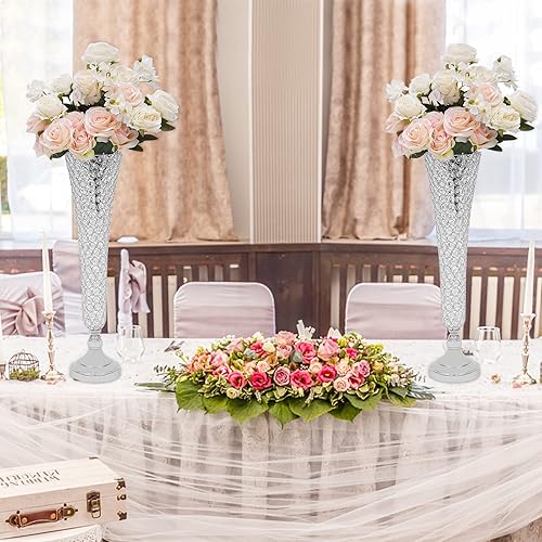 Miniatura 5 de Jarrón alto de trompeta de cristal, 20 pulgadas, jarrón de mesa de cristal de hierro para decoración de mesa de boda, fiesta, evento, color plateado