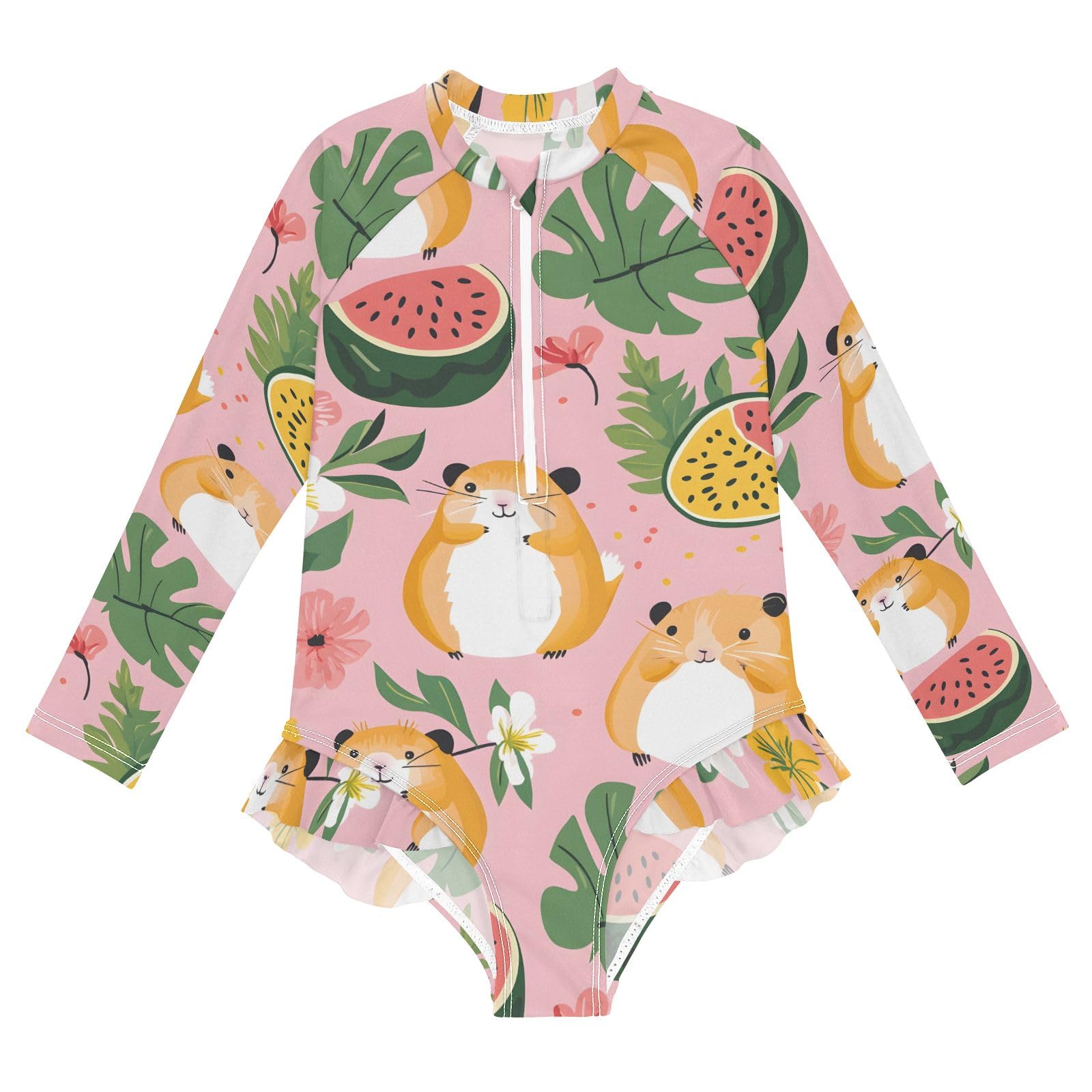 ALAZA Toddler Swimsuit Girl Bathing Suit Swimwear Rash Guard Hamster Watermelon Flower Long Sleeve 3T