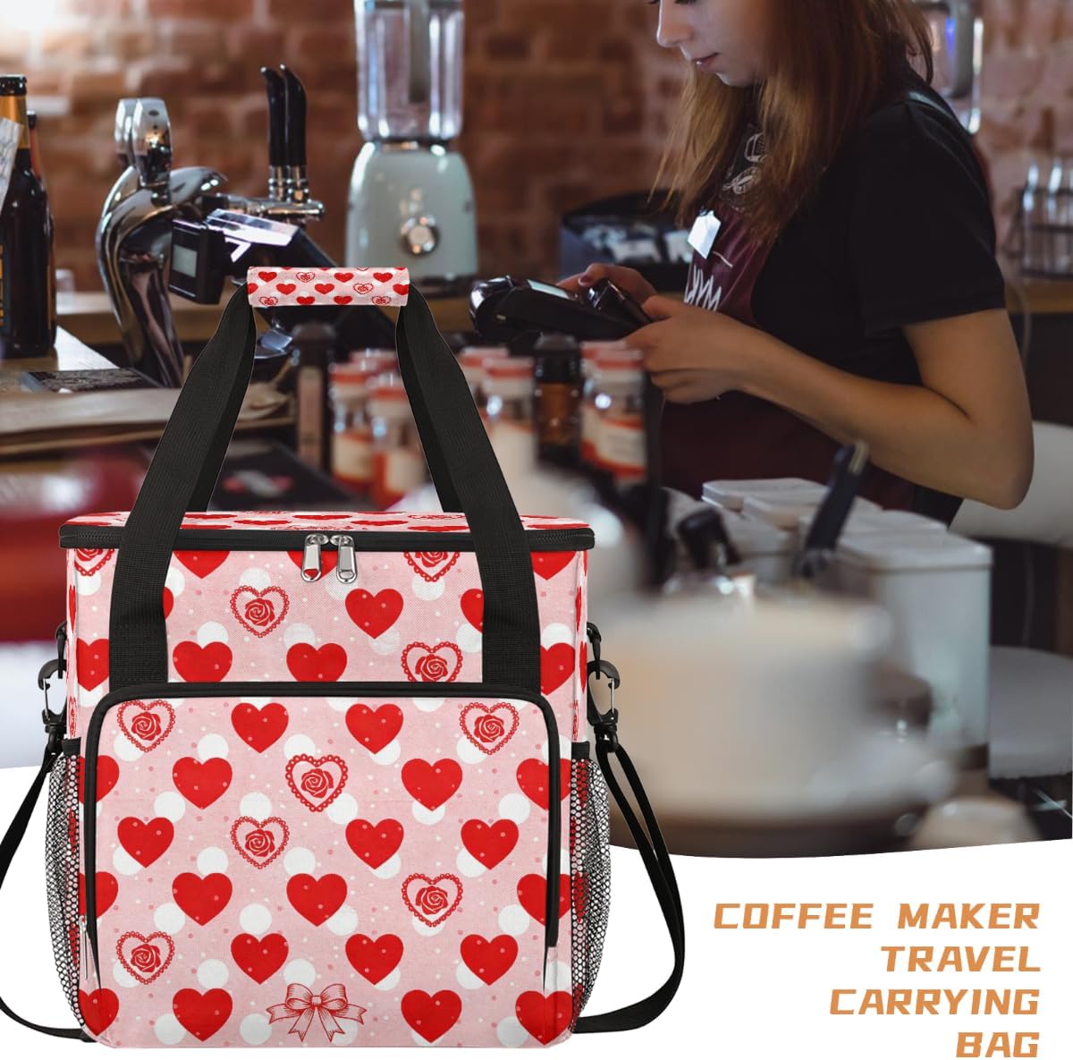 Arrow Heart Valentines Portable Coffee Maker Carrying Bag Compatible with Keurig K-Mini/K-Mini Plus - Travel Storage Tote with K-Cup Pod Pockets for Single Serve Coffee Brewer