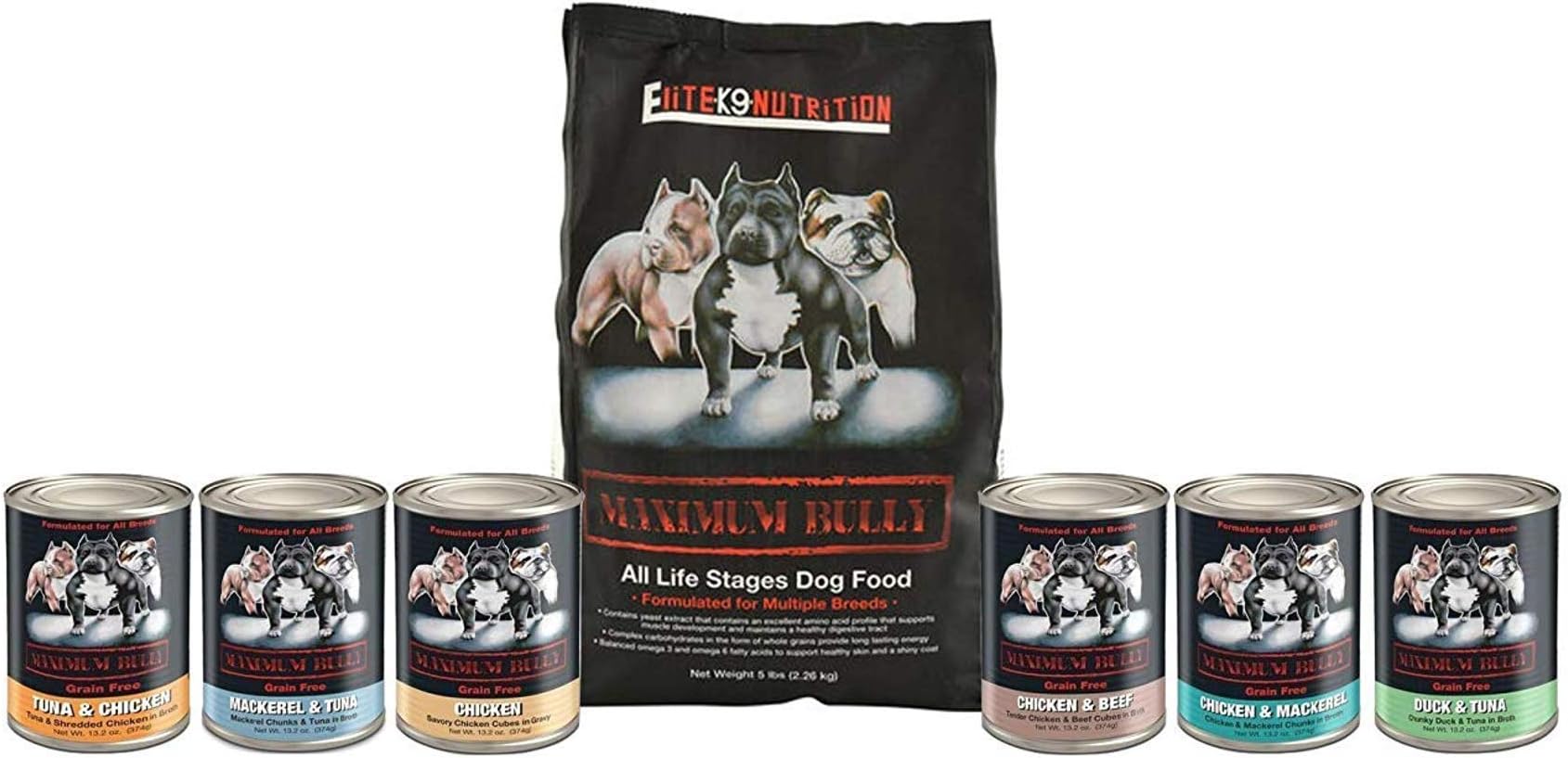 Maximum Bully Dog Food 5lbs- Muscle Health Plus 6 Wet Food Cans 6 Flavors & 1 Can Topper 1 Dog Toy