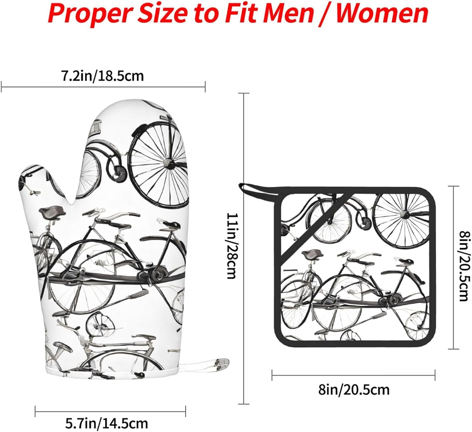 Retro Bicycle Oven Mitts and Pot Holders Set of 4 Heat Resistant Kitchen Gloves with Silicone Palm Hot Pads for Baking Cooking Grilling BBQ