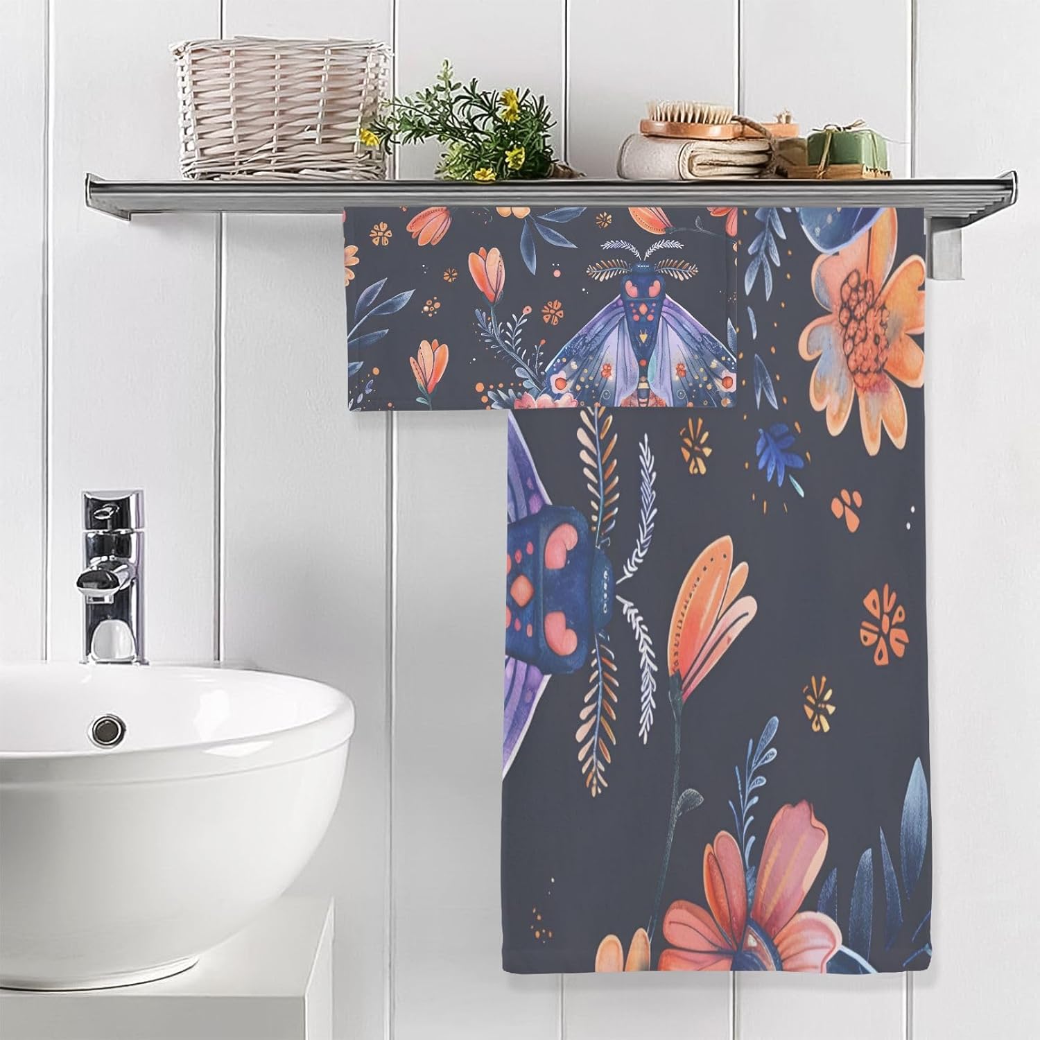 Hand Towels Premium Soft and Highly Absorbent Night Fly with Floral 2 Pcs Towels for Bathroom Set 100% Cotton Decorative Face Towels