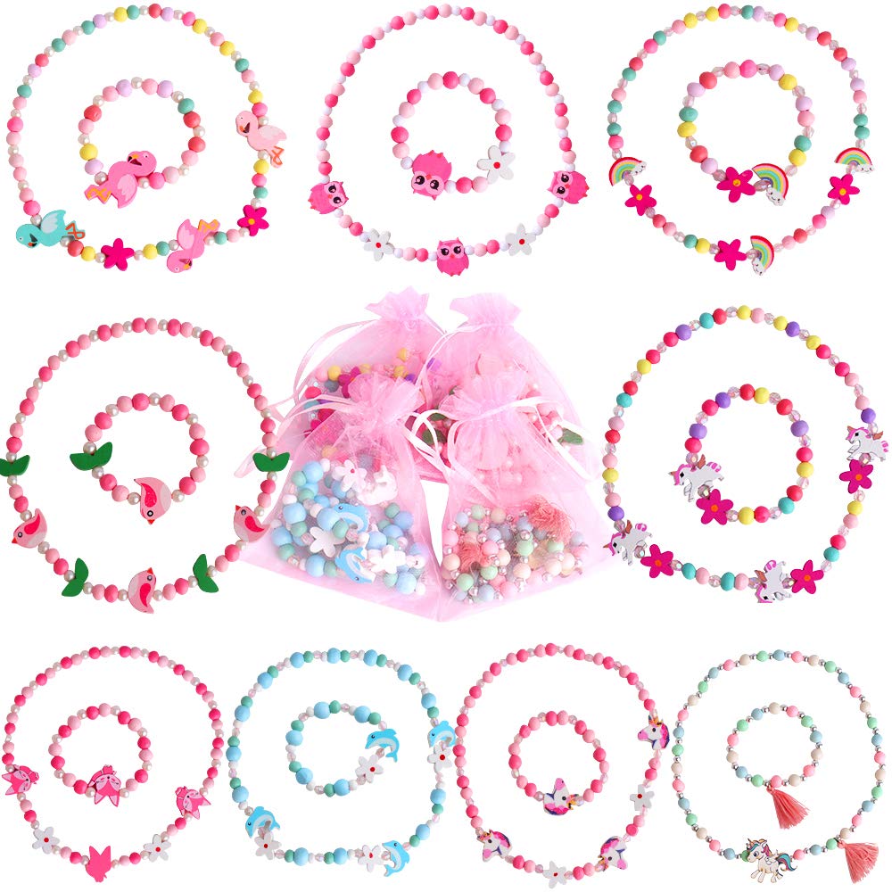 Hicdaw 18PCS Toddler Costume Jewelry Animal Friends Necklace Bracelet Set for Unicorn Party Favors Dress Up Gift for Girls