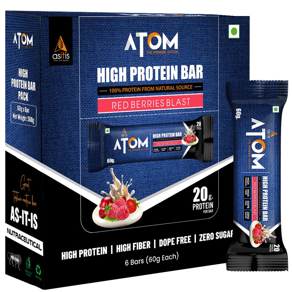 Asitis Nutrition Atom High Protein Bar,20Gm Protein,Zero Transfat,Zero Added Sugar,Whey Protein Concentrate, Isolate & Hydrolysate As Protein Source,Pack Of 6 (60Gm X 6), Red Berries Blast (B0D76BVD47) Amazon Price History, Amazon Price Tracker